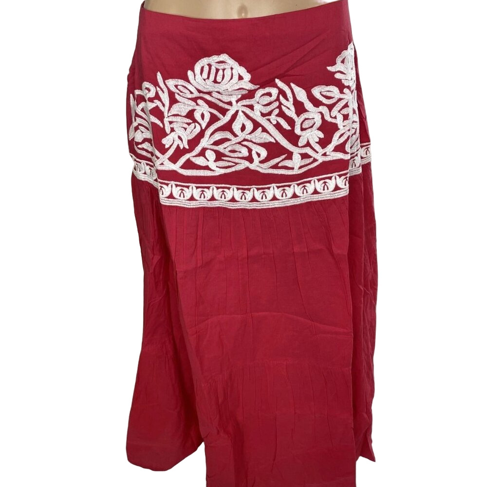 NEW CHAKERIS Floral Embroidered Midi Skirt Red/White Size L Full A-Line Skir